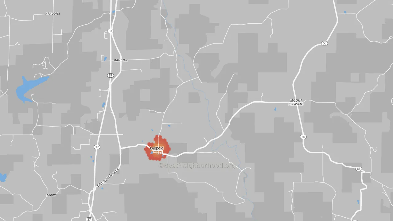 Walk Grade map of 47551, IN, walkable areas in green and car-dependent areas in red