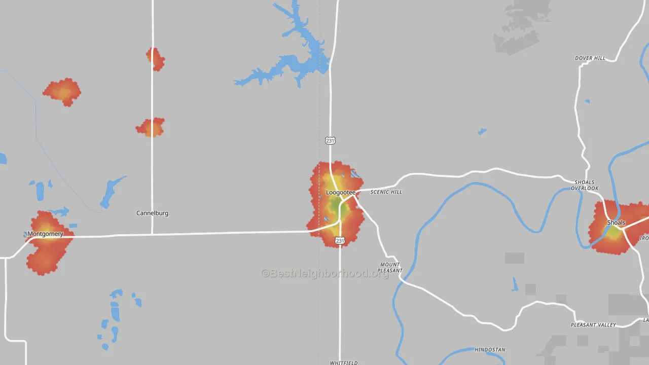 Walk Grade map of 47553, IN, walkable areas in green and car-dependent areas in red