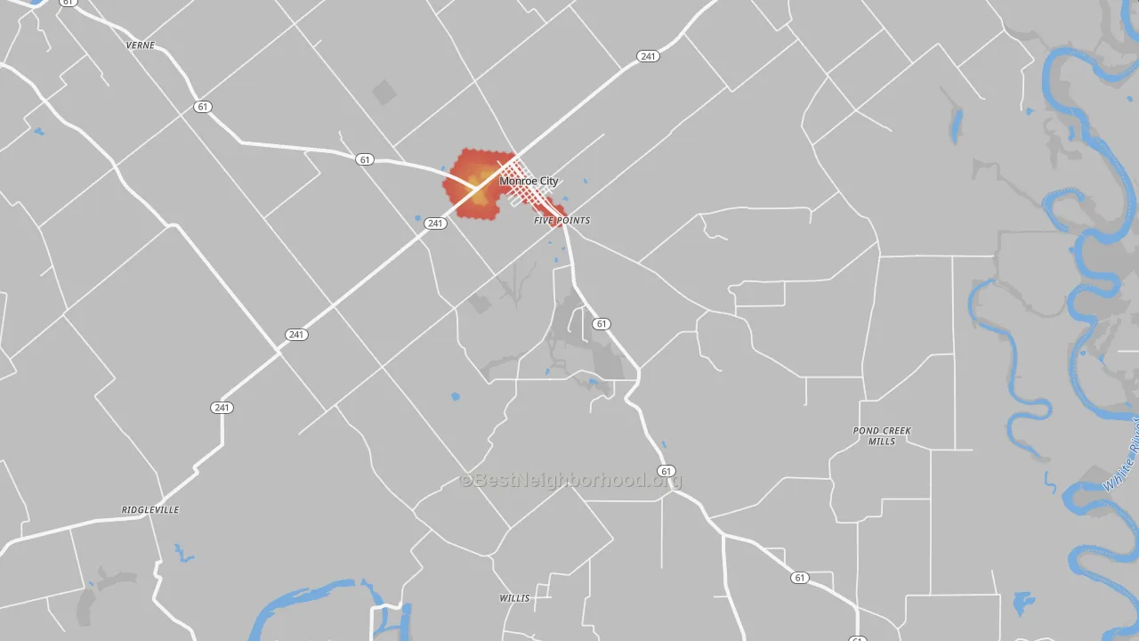 Walk Grade map of 47557, IN, walkable areas in green and car-dependent areas in red