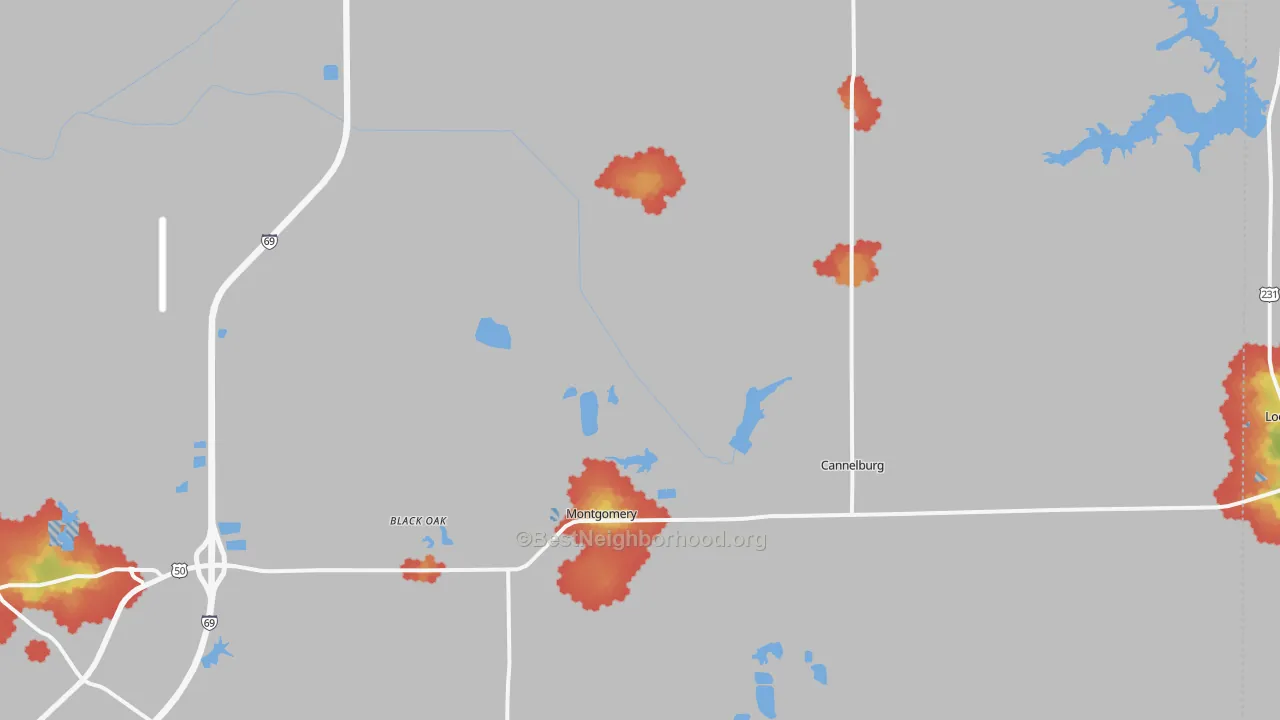 Walk Grade map of 47558, IN, walkable areas in green and car-dependent areas in red