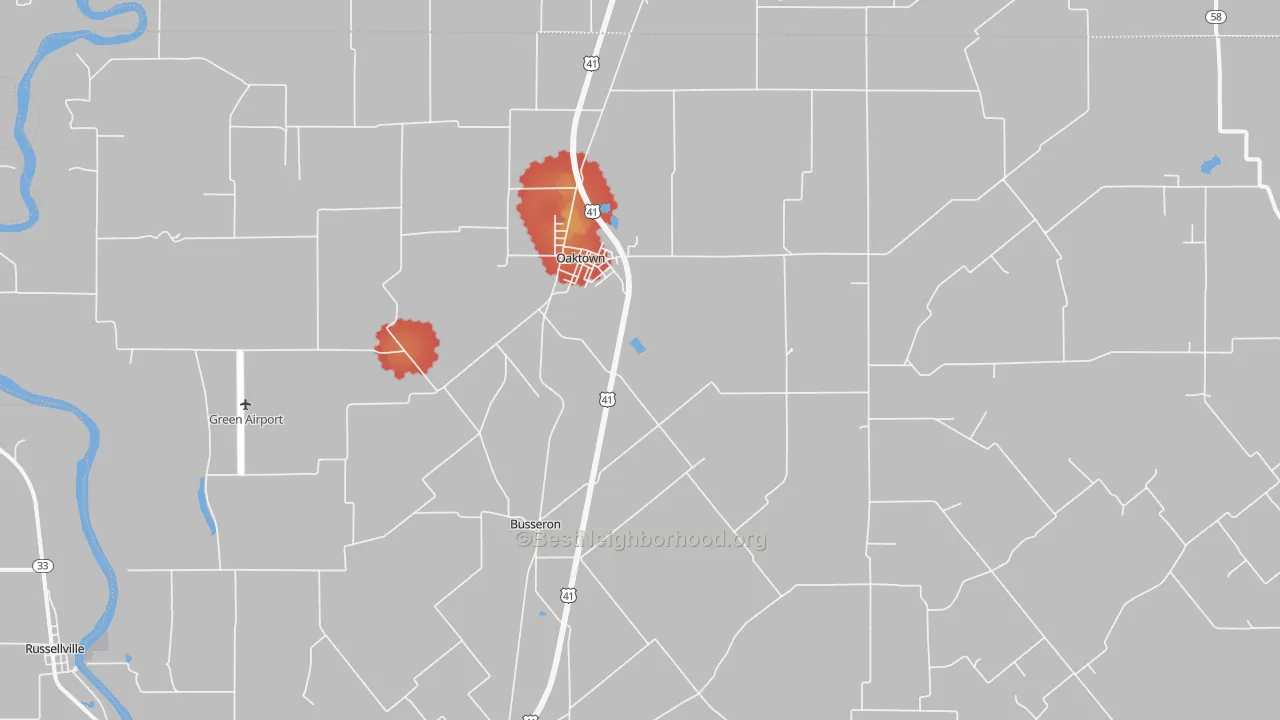 Walk Grade map of 47561, IN, walkable areas in green and car-dependent areas in red