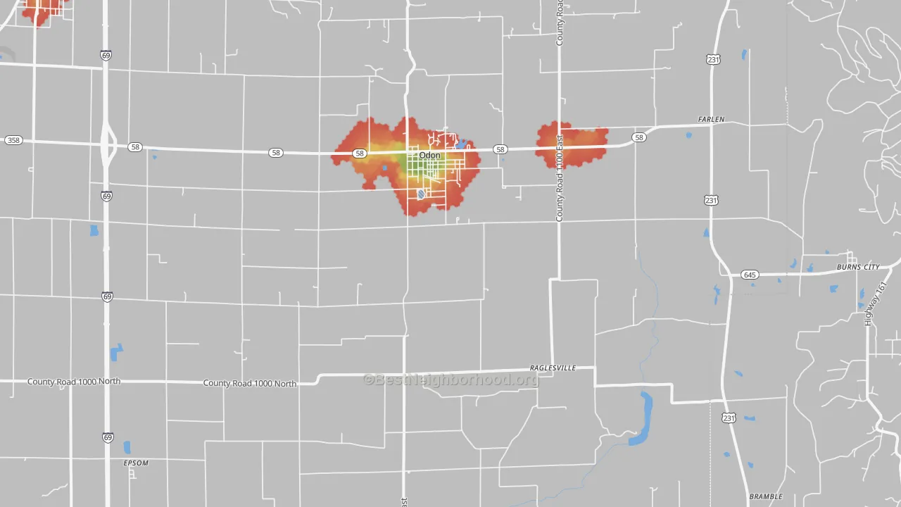 Walk Grade map of 47562, IN, walkable areas in green and car-dependent areas in red