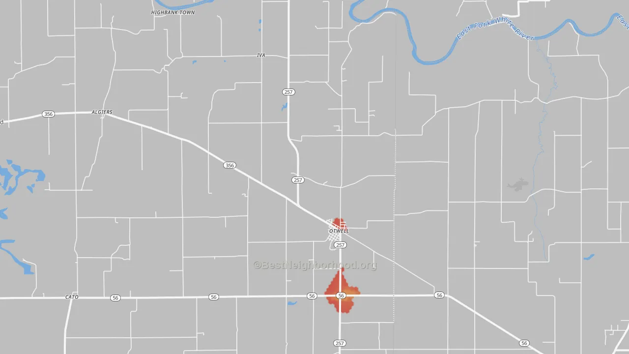 Walk Grade map of 47564, IN, walkable areas in green and car-dependent areas in red