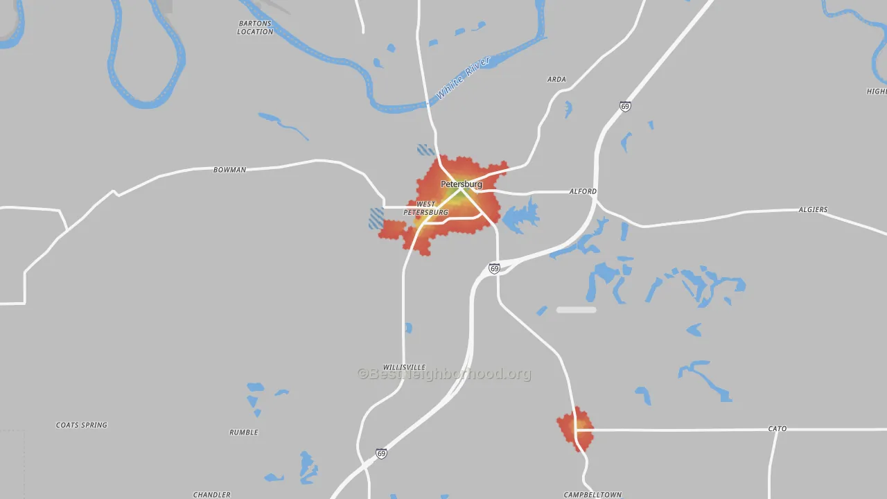 Walk Grade map of 47567, IN, walkable areas in green and car-dependent areas in red