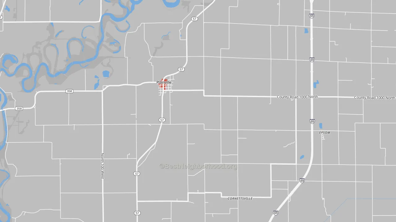 Walk Grade map of 47568, IN, walkable areas in green and car-dependent areas in red
