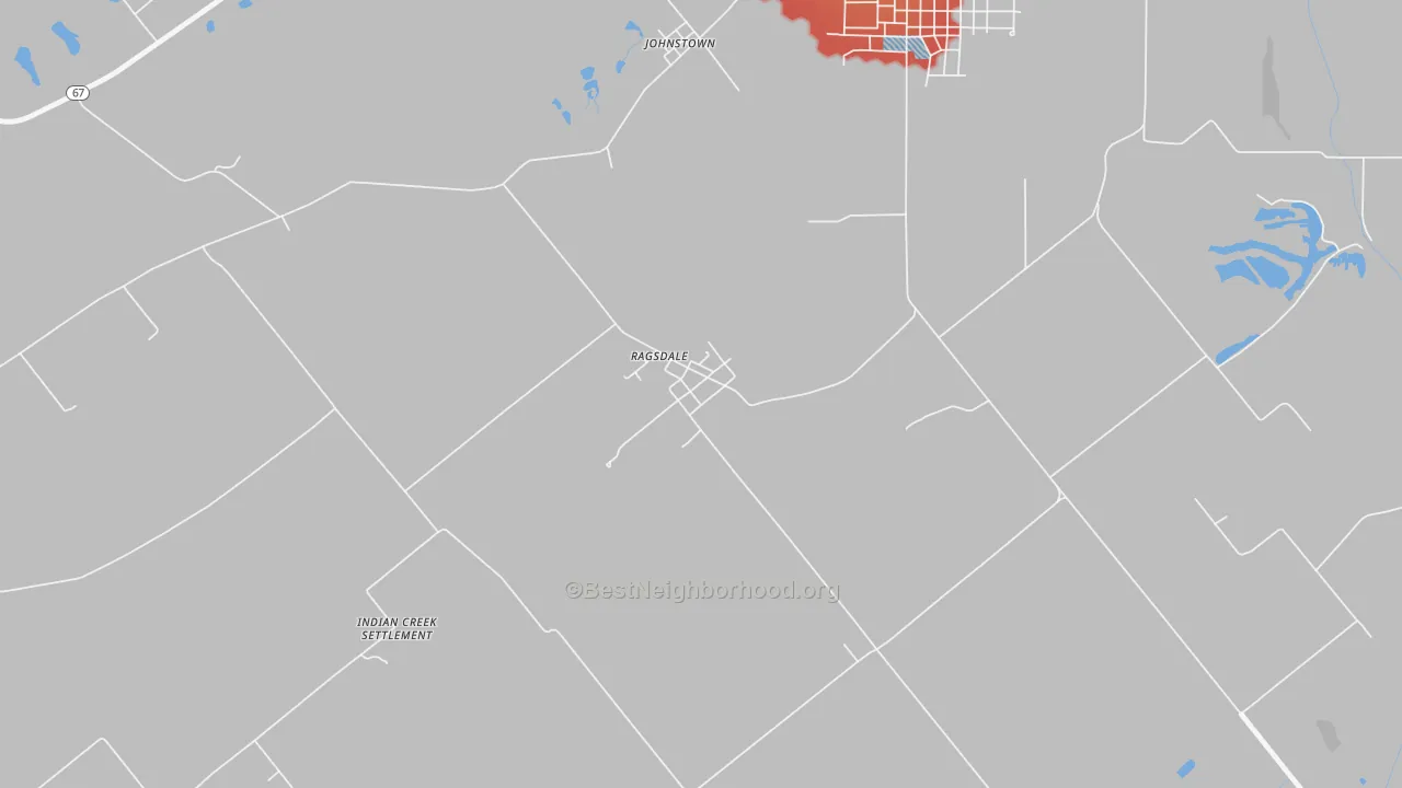 Walk Grade map of 47573, IN, walkable areas in green and car-dependent areas in red