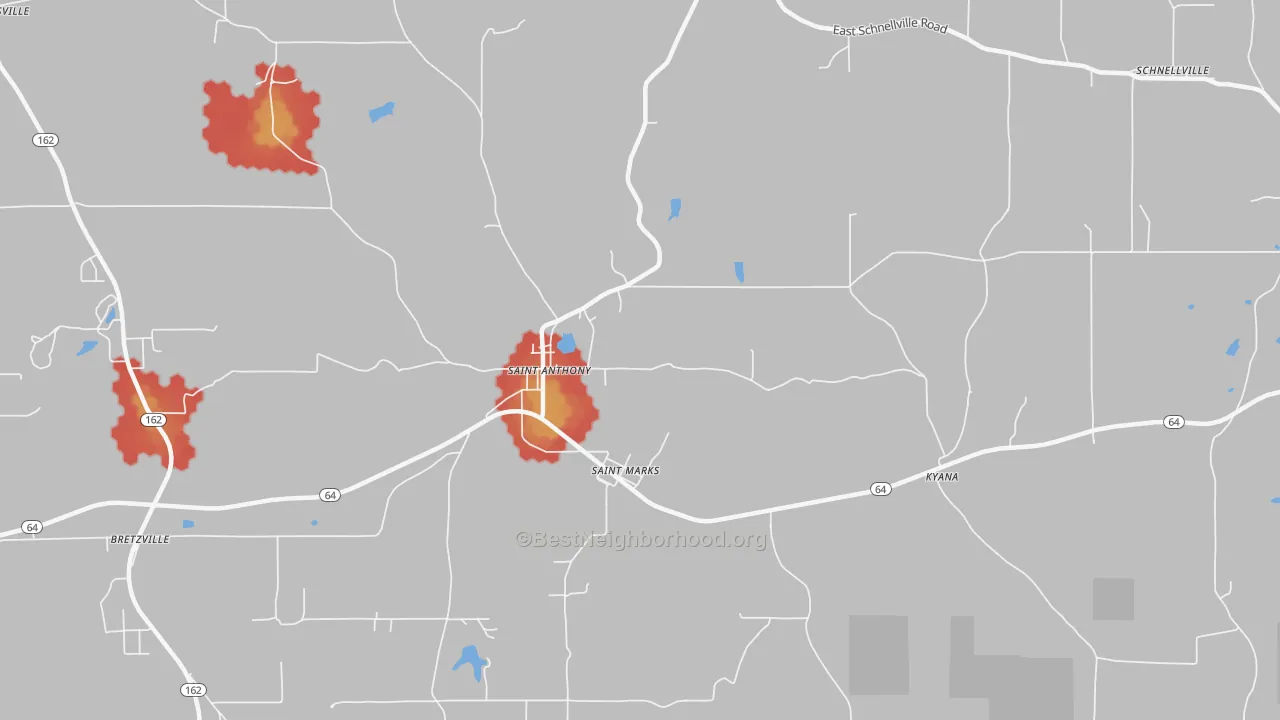 Walk Grade map of 47575, IN, walkable areas in green and car-dependent areas in red