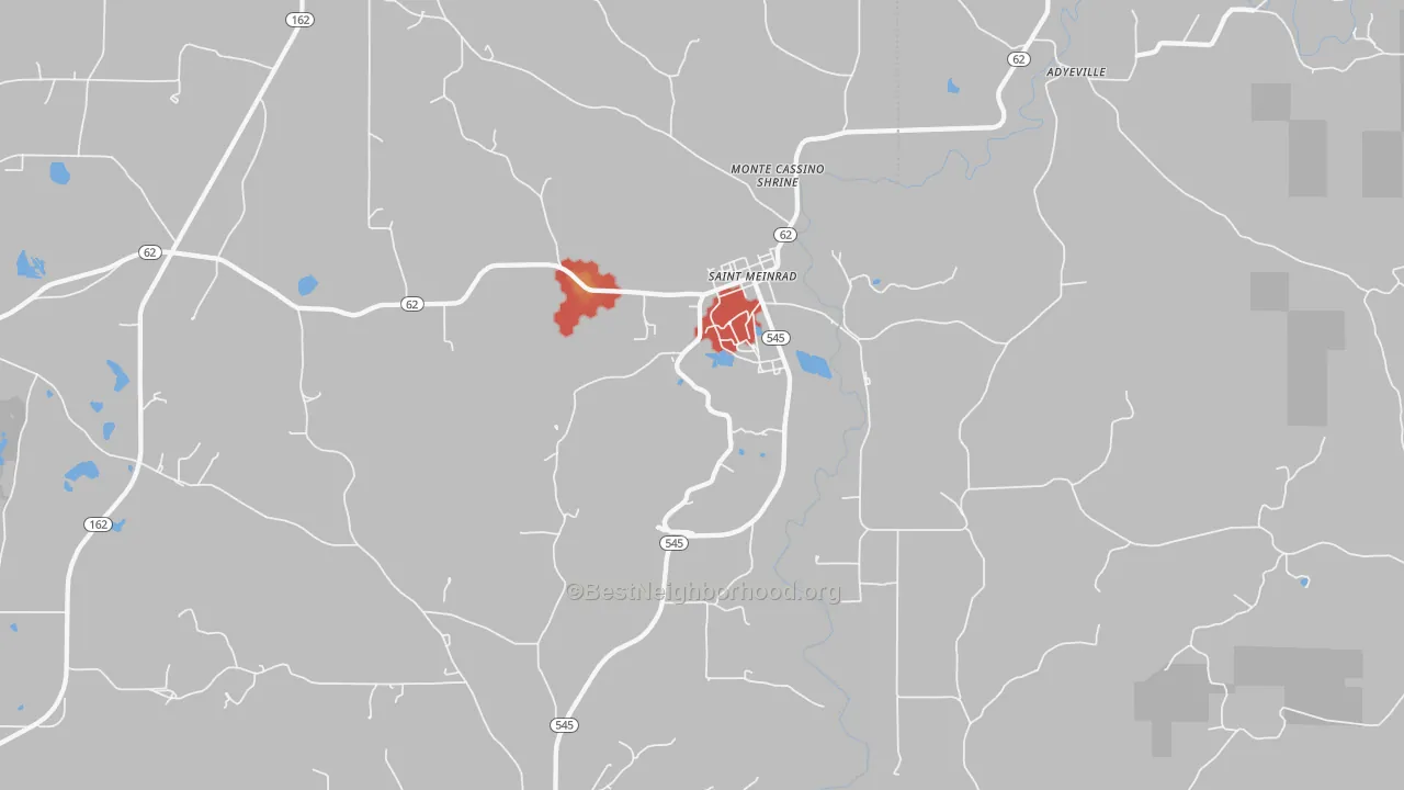 Walk Grade map of 47577, IN, walkable areas in green and car-dependent areas in red