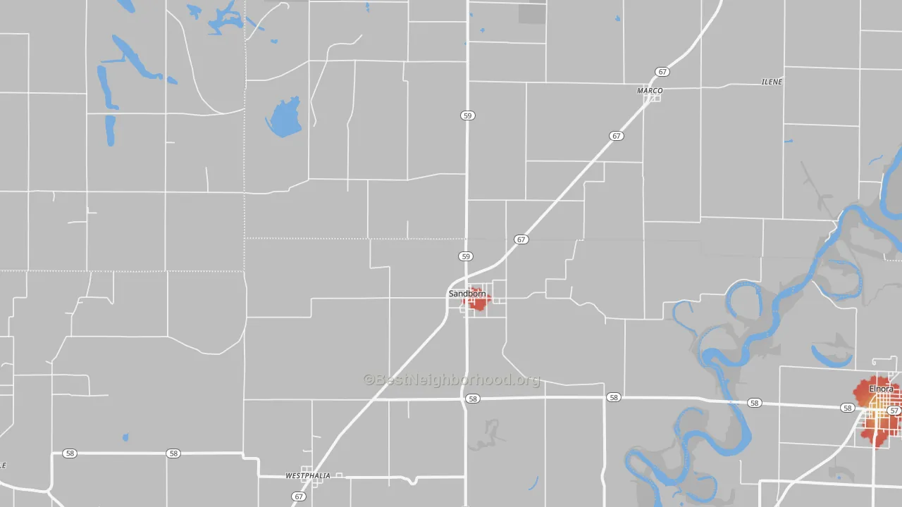 Walk Grade map of 47578, IN, walkable areas in green and car-dependent areas in red