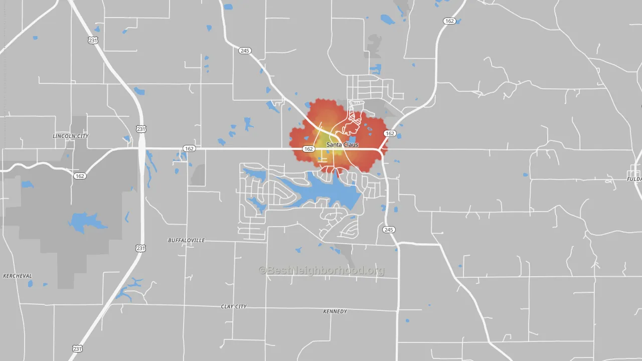 Walk Grade map of 47579, IN, walkable areas in green and car-dependent areas in red