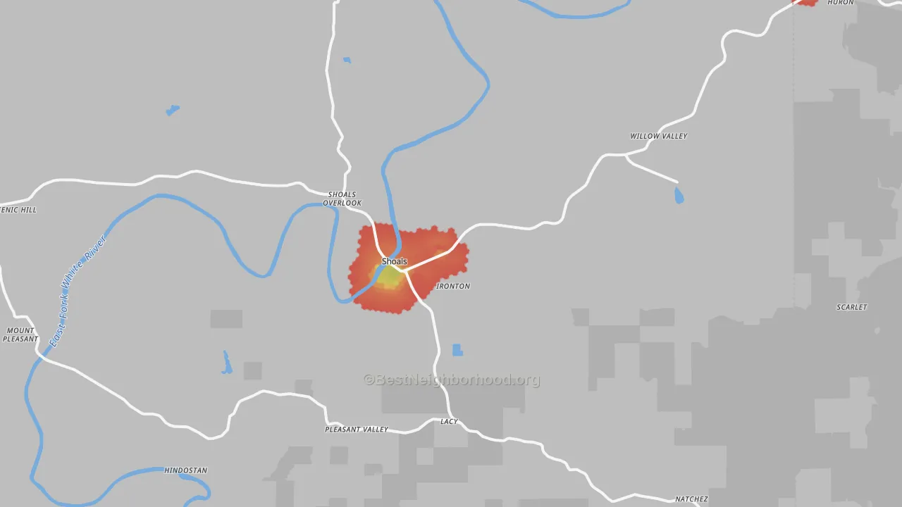 Walk Grade map of 47581, IN, walkable areas in green and car-dependent areas in red