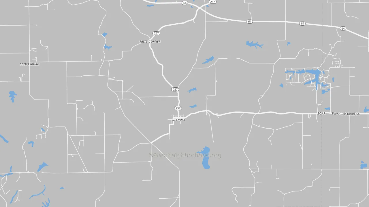 Walk Grade map of 47585, IN, walkable areas in green and car-dependent areas in red