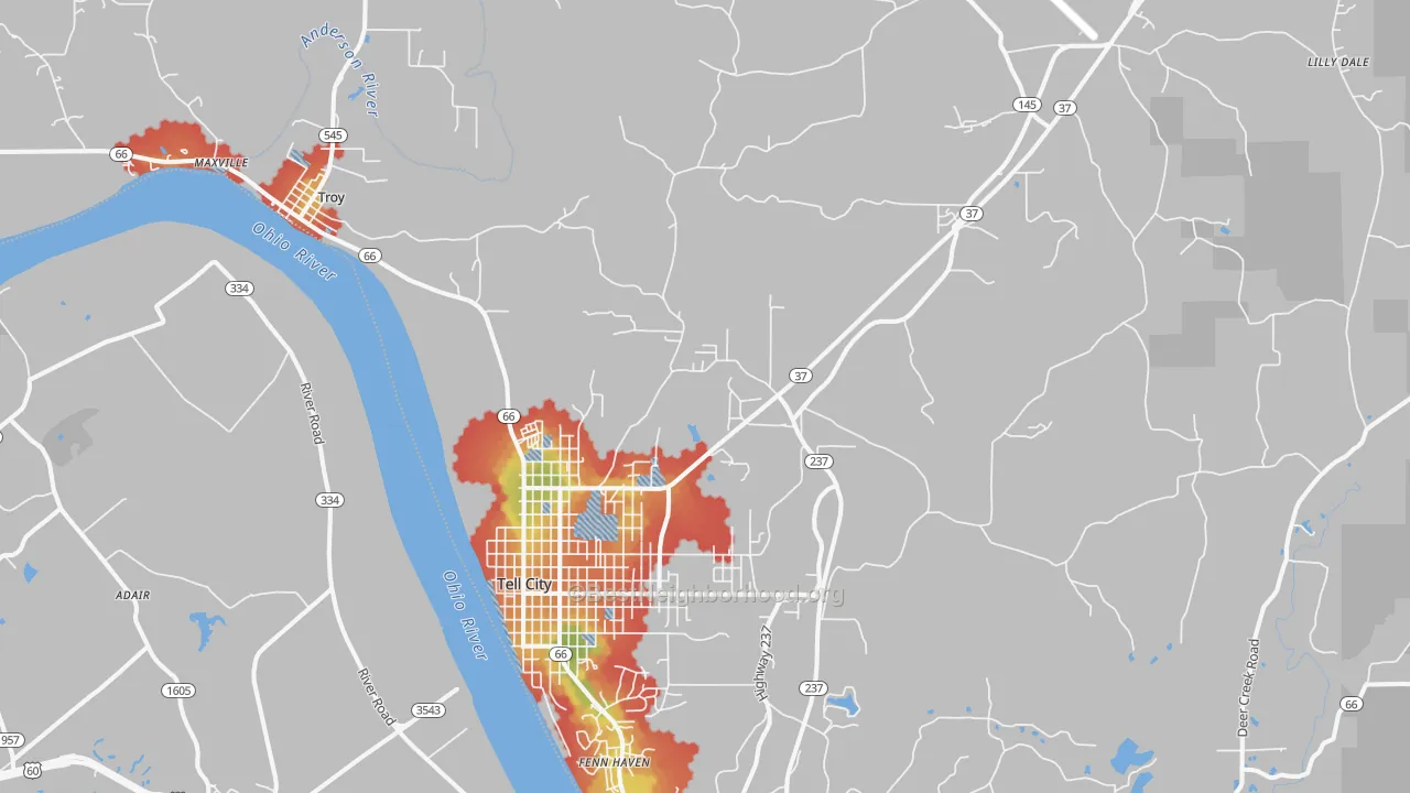 Walk Grade map of 47586, IN, walkable areas in green and car-dependent areas in red