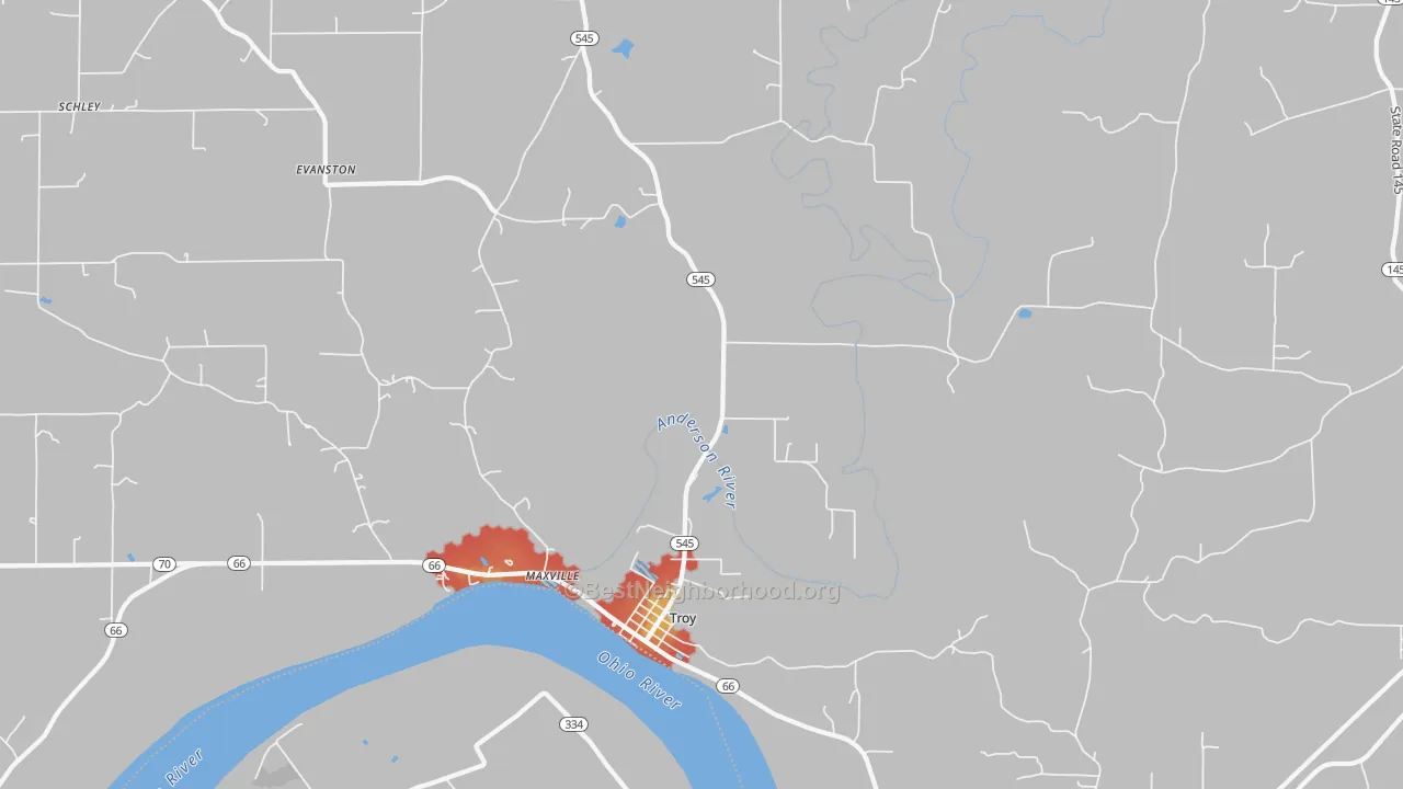 Walk Grade map of 47588, IN, walkable areas in green and car-dependent areas in red