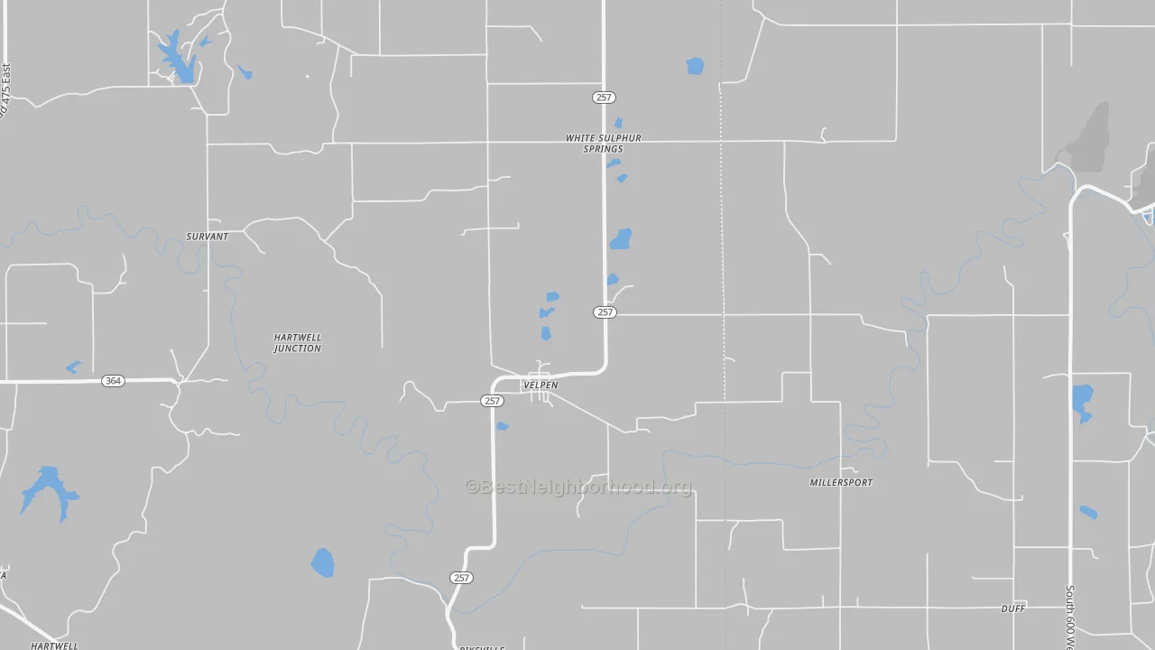 Walk Grade map of 47590, IN, walkable areas in green and car-dependent areas in red