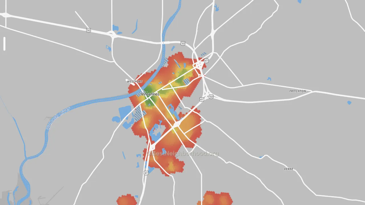Walk Grade map of 47591, IN, walkable areas in green and car-dependent areas in red