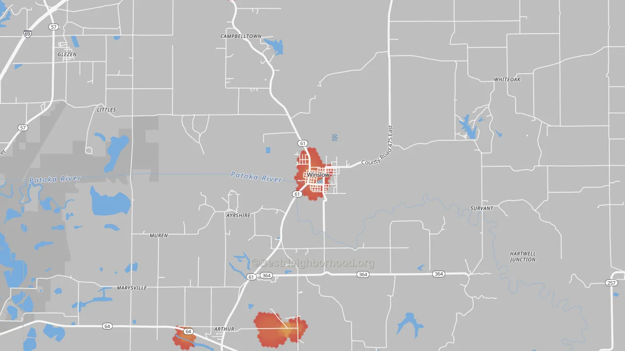 Walk Grade map of 47598, IN, walkable areas in green and car-dependent areas in red