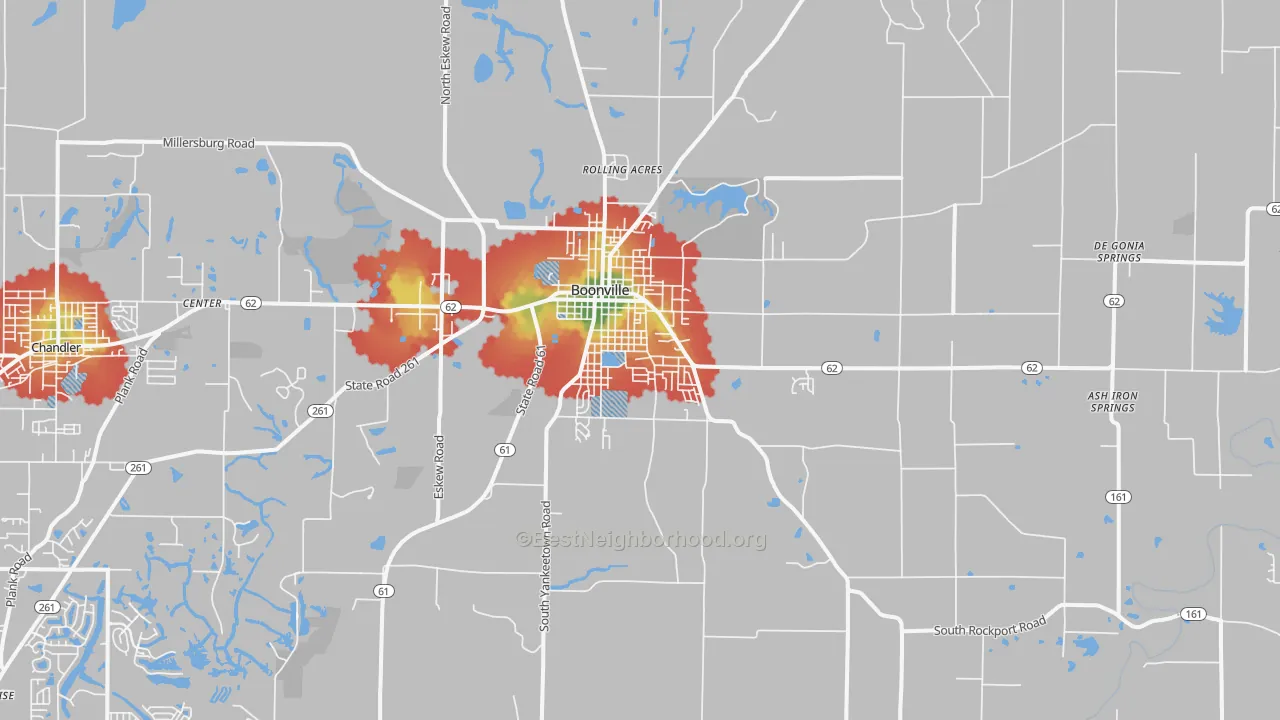 Walk Grade map of 47601, IN, walkable areas in green and car-dependent areas in red