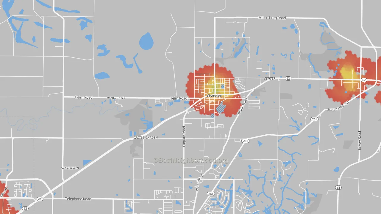 Walk Grade map of 47610, IN, walkable areas in green and car-dependent areas in red