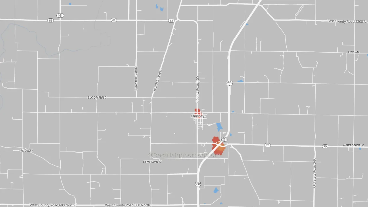 Walk Grade map of 47611, IN, walkable areas in green and car-dependent areas in red