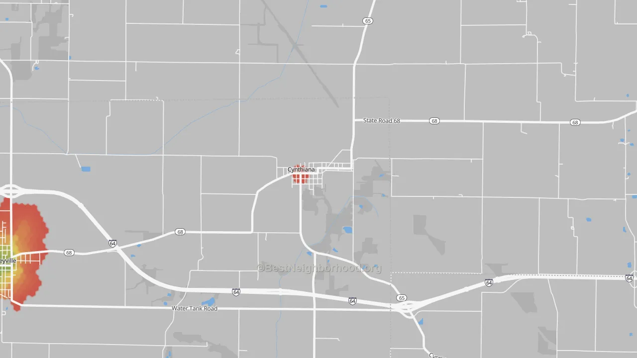 Walk Grade map of 47612, IN, walkable areas in green and car-dependent areas in red