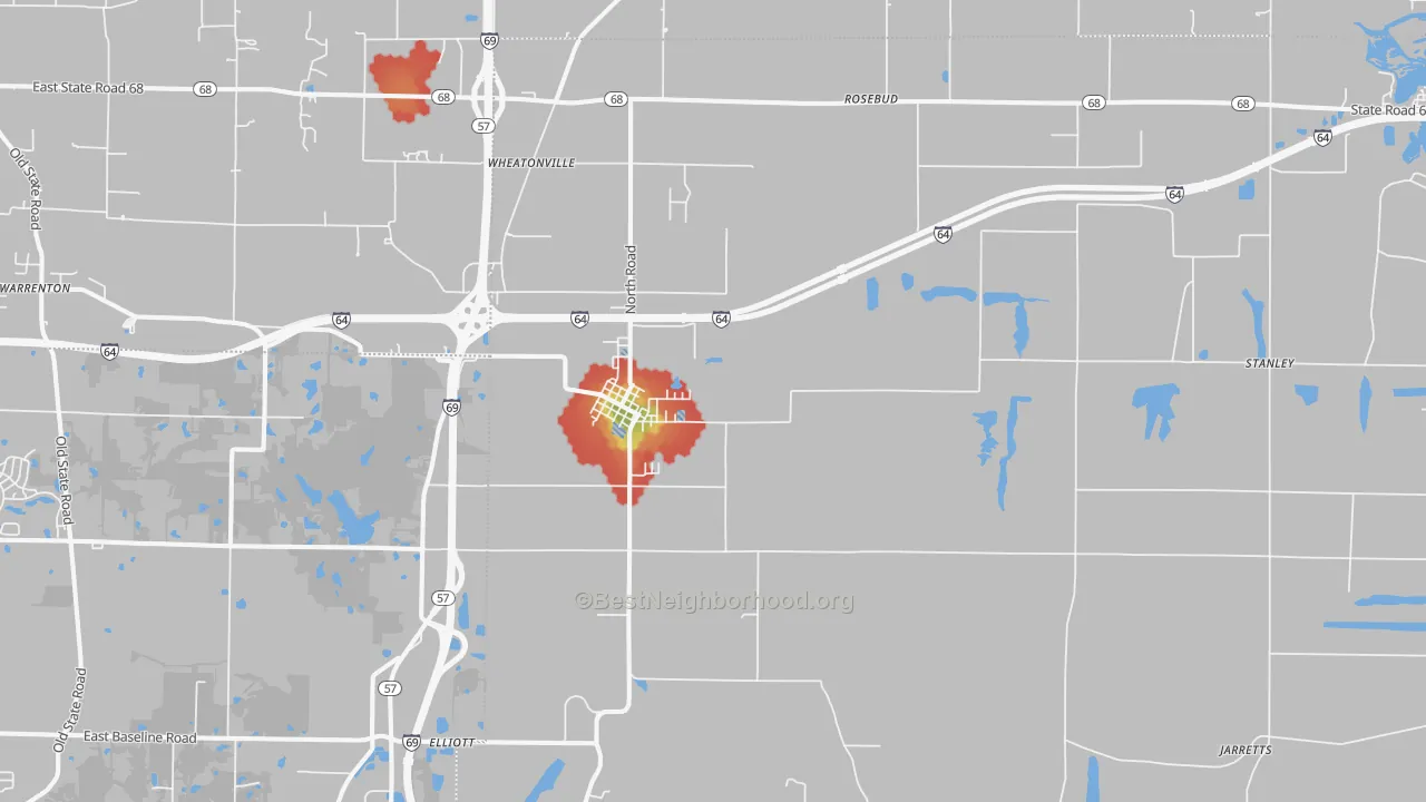 Walk Grade map of 47613, IN, walkable areas in green and car-dependent areas in red