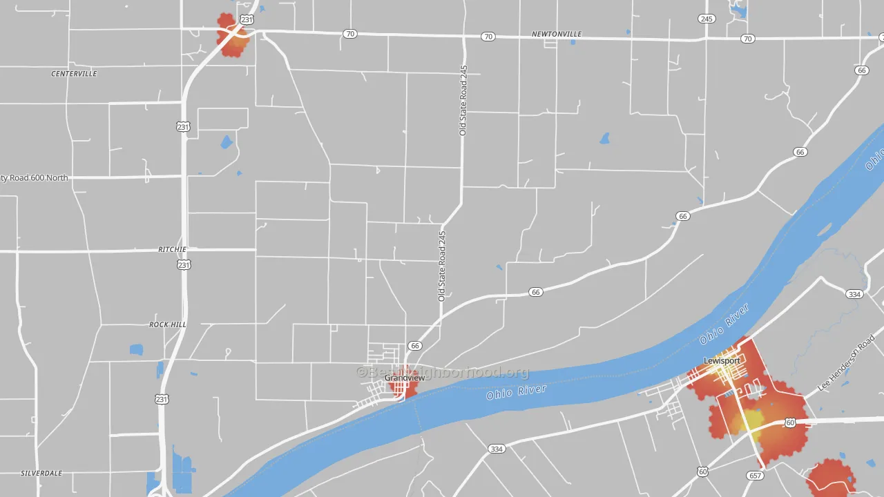 Walk Grade map of 47615, IN, walkable areas in green and car-dependent areas in red