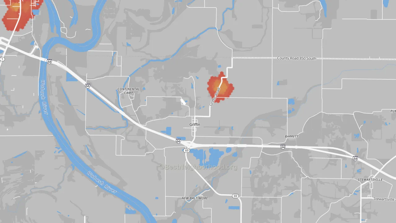 Walk Grade map of 47616, IN, walkable areas in green and car-dependent areas in red