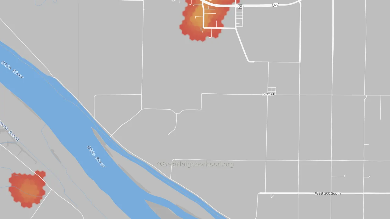 Walk Grade map of 47617, IN, walkable areas in green and car-dependent areas in red