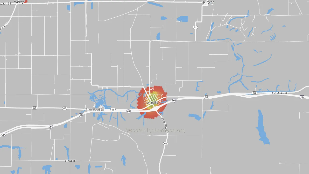 Walk Grade map of 47619, IN, walkable areas in green and car-dependent areas in red