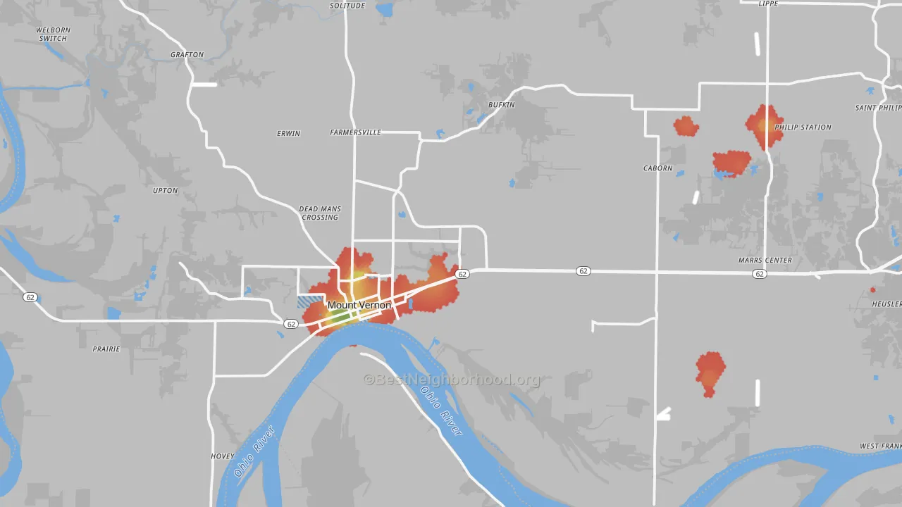 Walk Grade map of 47620, IN, walkable areas in green and car-dependent areas in red