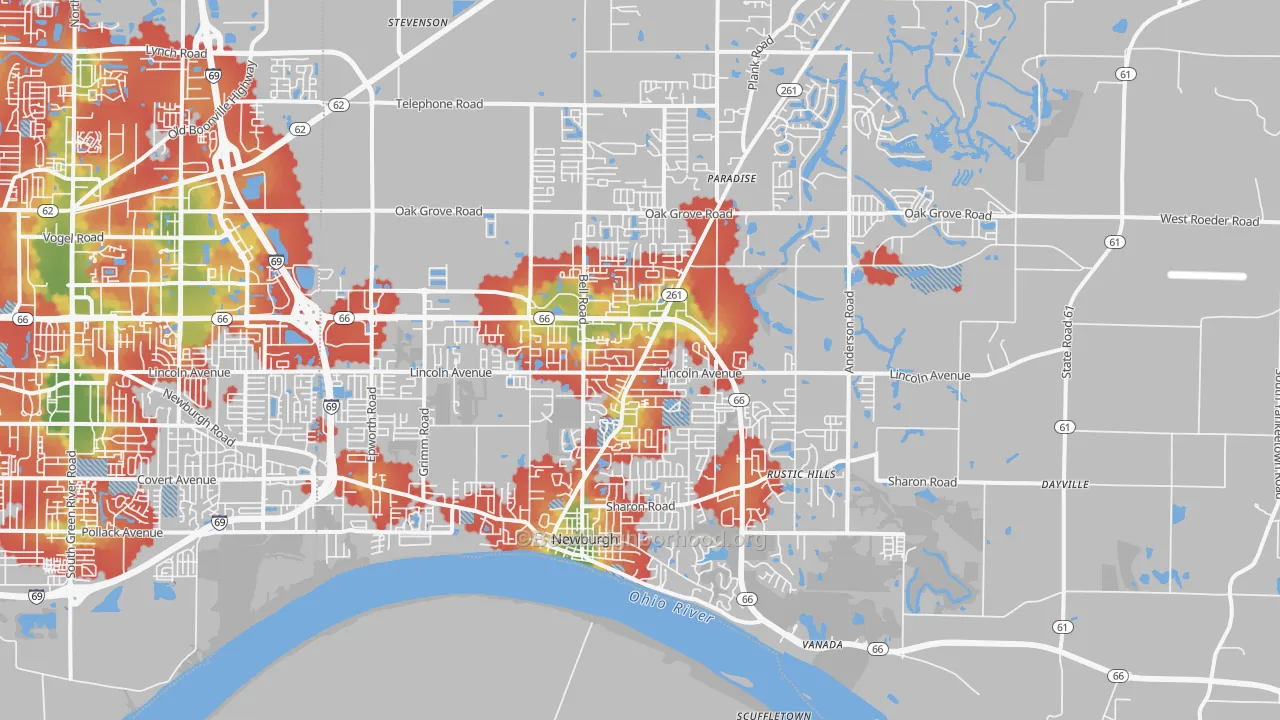 Walk Grade map of 47630, IN, walkable areas in green and car-dependent areas in red