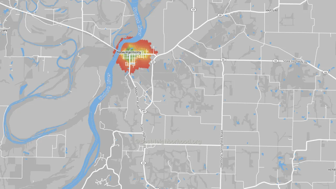 Walk Grade map of 47631, IN, walkable areas in green and car-dependent areas in red