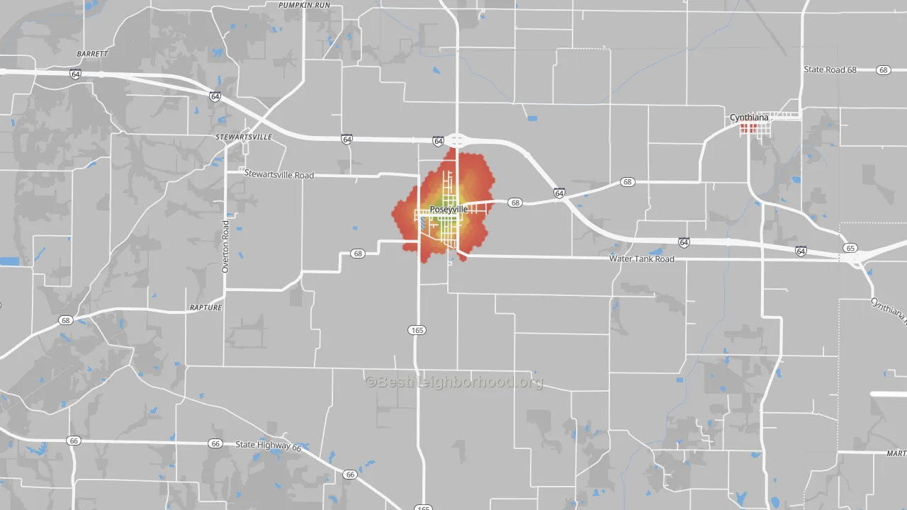 Walk Grade map of 47633, IN, walkable areas in green and car-dependent areas in red