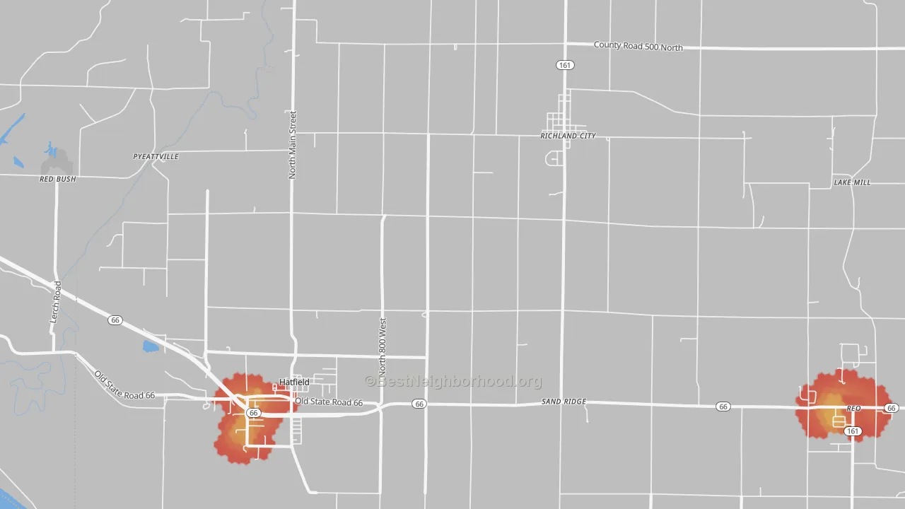 Walk Grade map of 47634, IN, walkable areas in green and car-dependent areas in red