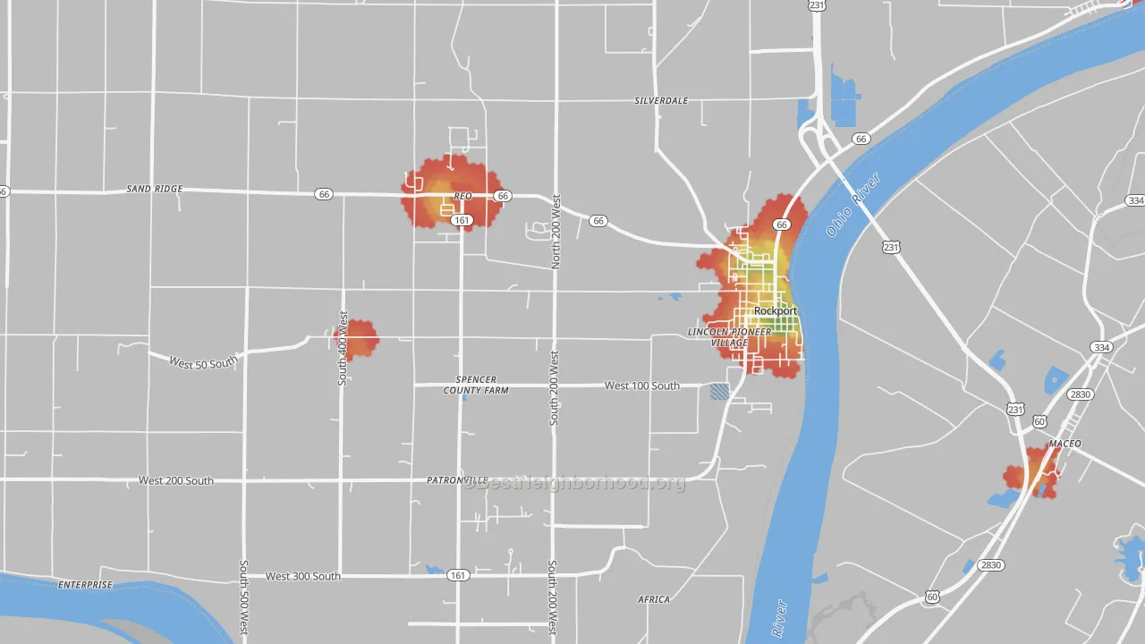 Walk Grade map of 47635, IN, walkable areas in green and car-dependent areas in red
