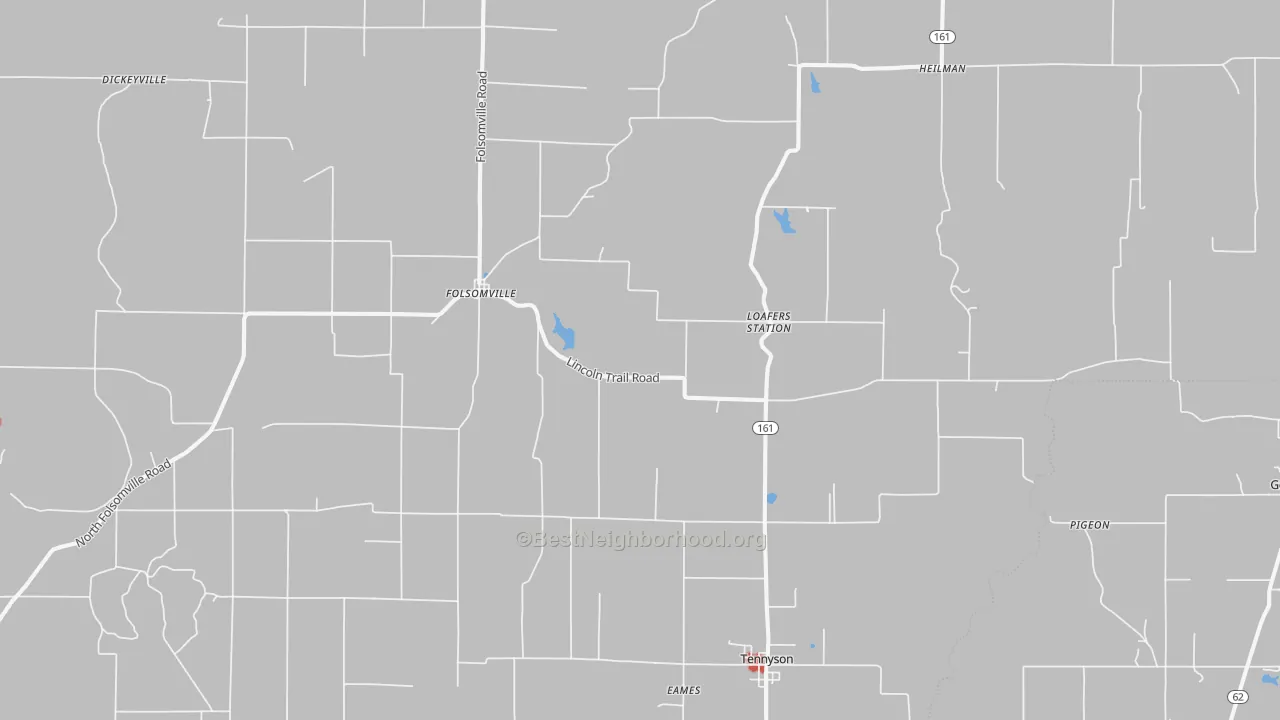 Walk Grade map of 47637, IN, walkable areas in green and car-dependent areas in red