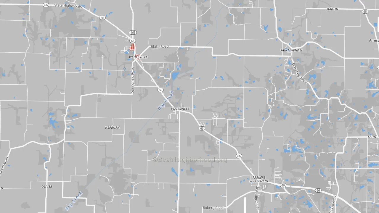 Walk Grade map of 47638, IN, walkable areas in green and car-dependent areas in red