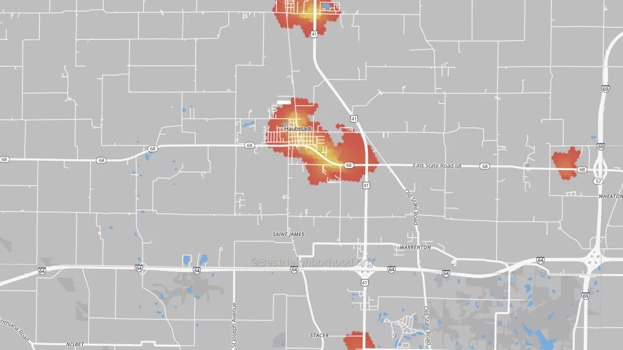 Walk Grade map of 47639, IN, walkable areas in green and car-dependent areas in red