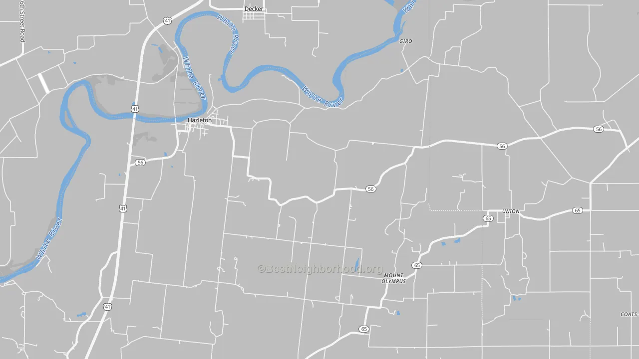 Walk Grade map of 47640, IN, walkable areas in green and car-dependent areas in red