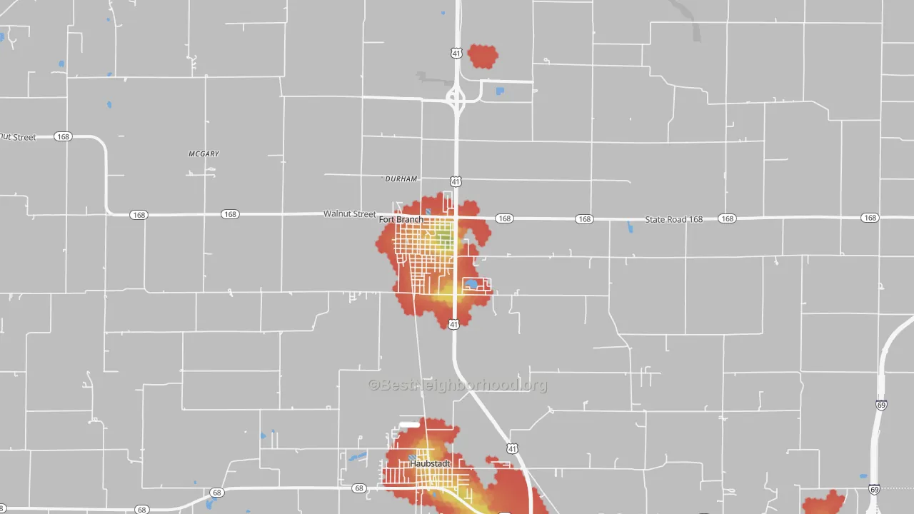 Walk Grade map of 47648, IN, walkable areas in green and car-dependent areas in red