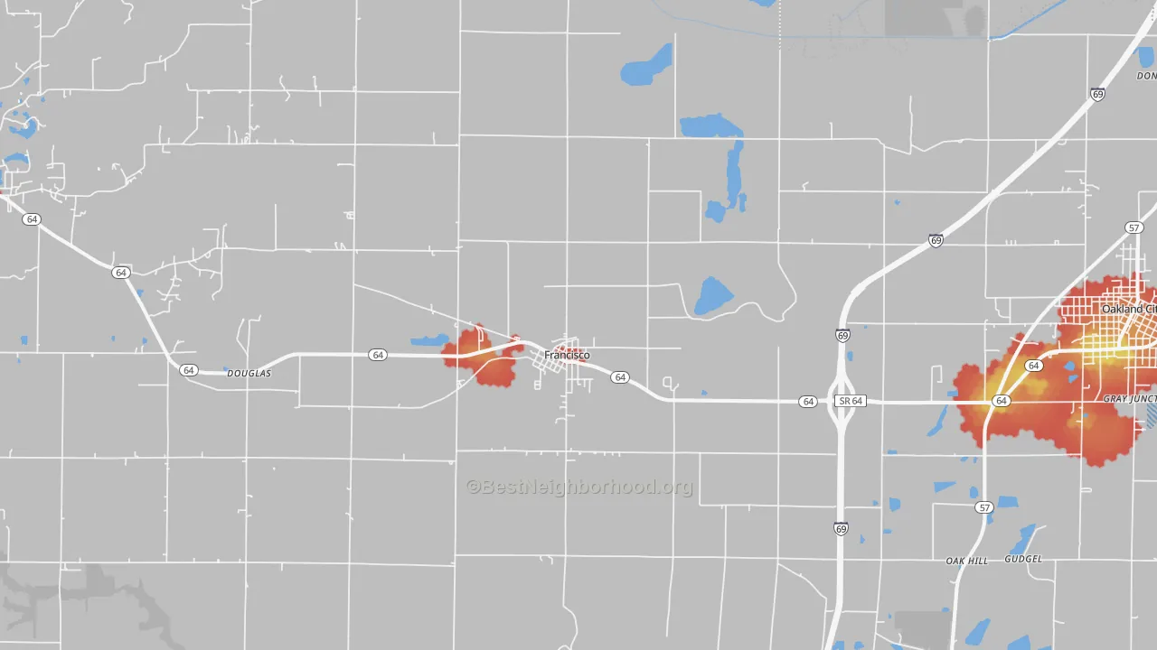 Walk Grade map of 47649, IN, walkable areas in green and car-dependent areas in red