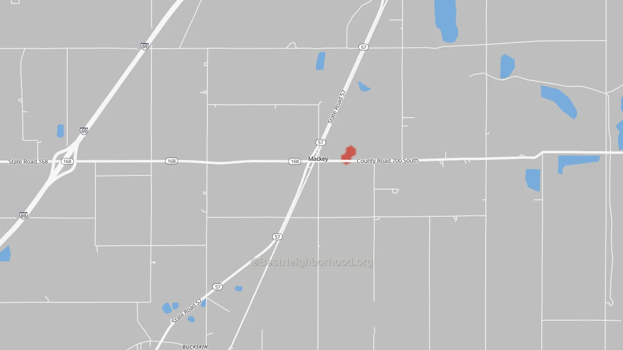 Walk Grade map of 47654, IN, walkable areas in green and car-dependent areas in red