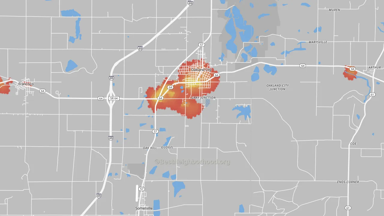 Walk Grade map of 47660, IN, walkable areas in green and car-dependent areas in red