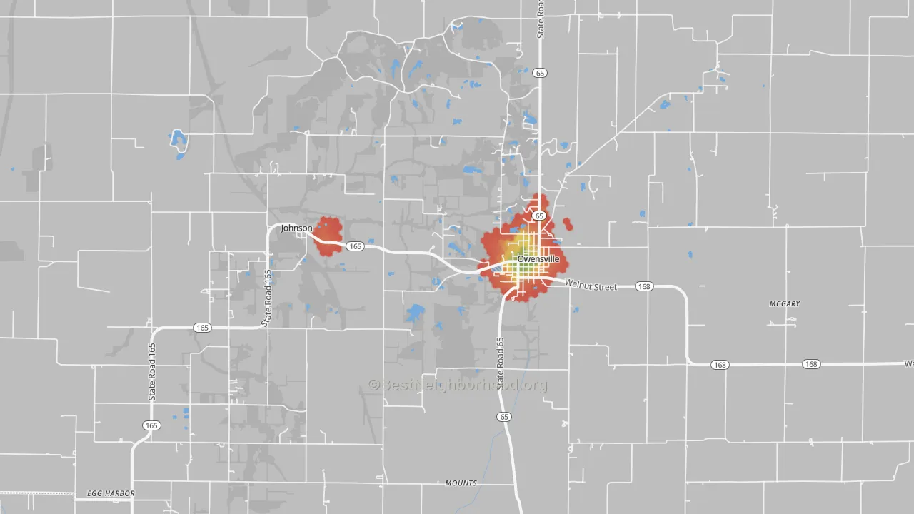 Walk Grade map of 47665, IN, walkable areas in green and car-dependent areas in red