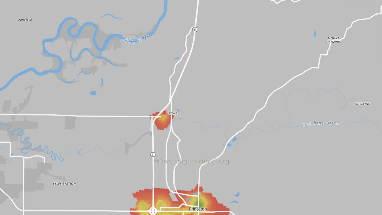 Walk Grade map of 47666, IN, walkable areas in green and car-dependent areas in red