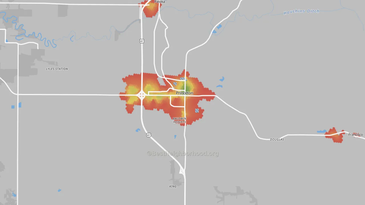 Walk Grade map of 47670, IN, walkable areas in green and car-dependent areas in red