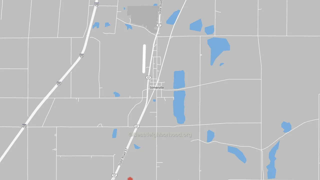 Walk Grade map of 47683, IN, walkable areas in green and car-dependent areas in red