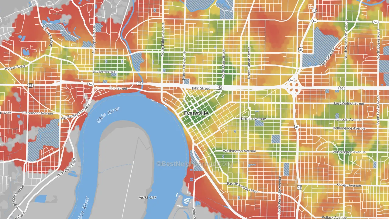 Walk Grade map of 47708, IN, walkable areas in green and car-dependent areas in red