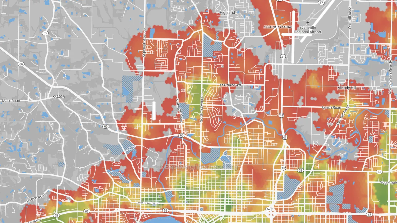 Walk Grade map of 47710, IN, walkable areas in green and car-dependent areas in red